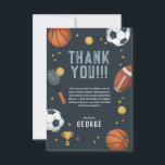 Boys Modern Blue Sports Kids Birthday Thank You Card<br><div class="desc">This cool and modern sports-themed kids birthday thank you card design features a blue sports illustration,  with a basketball,  football,  soccer ball,  tennis racket,  trophy,  and stars. The card can be personalized with your boys name and thank you message.</div>