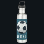 Boys Modern Blue Sporty Soccer Kids Stainless Steel Water Bottle<br><div class="desc">This cute and modern steel water bottle features a soccer ball illustration with a blue background and space for you to add your name and jersey number (or age!). Perfect for sports lovers or a budding athlete. Great for kids or adults,  the perfect soccer coach gift.</div>
