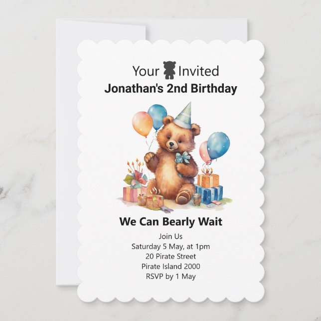 Boys Modern Blue Teddy Kids 2nd Birthday  Invitation (Front)