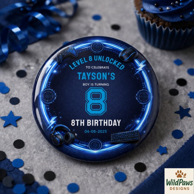 Boys Modern Cool Blue Gaming 8th Birthday Party Button (Boys Modern Cool Blue Gaming 8th Birthday Party Button
)