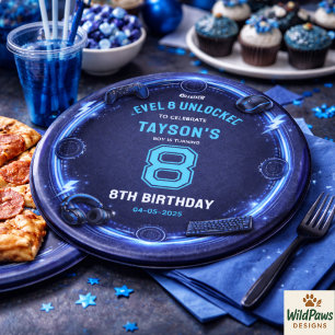 Boys Modern Cool Blue Gaming 8th Birthday Party Paper Plates