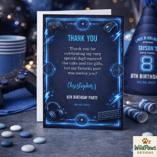 Boys Modern Cool Blue Gaming 8th Birthday Party Thank You Card