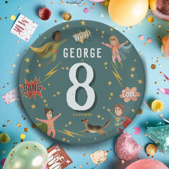 Boys Modern Cool Superhero Kids Birthday Paper Plates (Creator Uploaded)