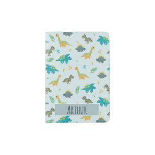 Boys Modern Cute Blue Dinosaur Pattern & Name Kids Passport Holder