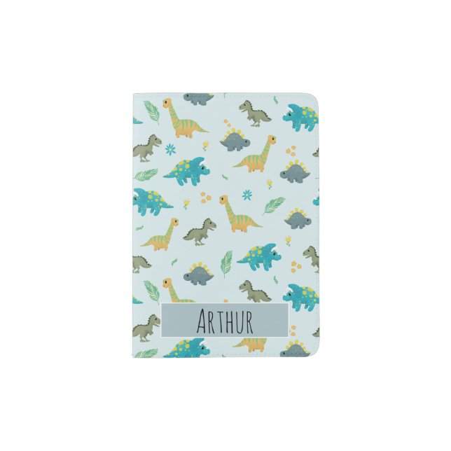Boys Modern Cute Blue Dinosaur Pattern & Name Kids Passport Holder (Front)