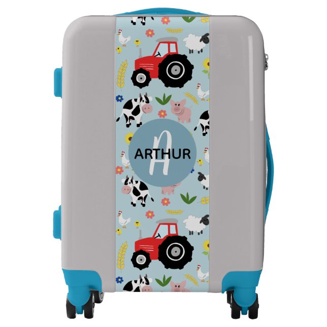 Boys Modern Farm Animal Pattern and Name Kids Luggage (Front)