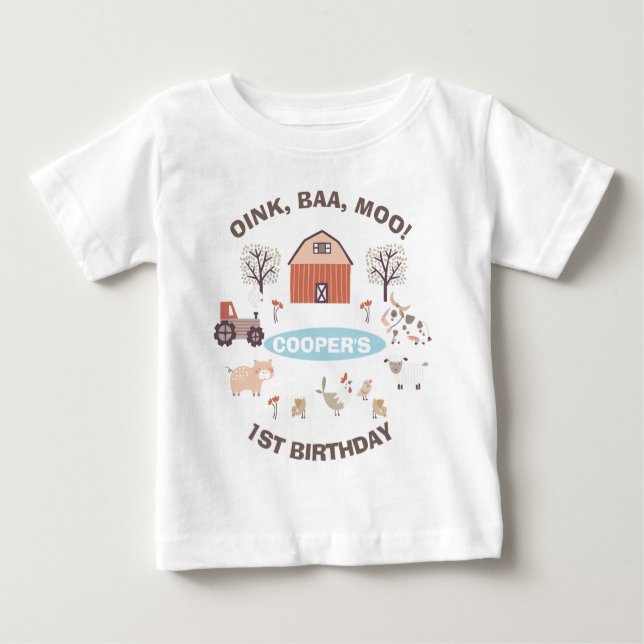 Boys Modern Farm First Birthday  Baby T-Shirt (Front)