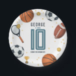 Boys Modern Football Sports Kids Birthday Paper Plates<br><div class="desc">This cute and modern sports-themed kids birthday paper plate design features a sports cartoon design,  with a basketball,  football,  soccer ball,  tennis racket,  trophy,  and stars. The plate can be personalized with your boys name,  age,  and date of the party. The perfect sports-themed addition to your child's party.</div>