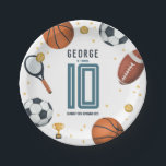 Boys Modern Football Sports Kids Birthday Paper Plates<br><div class="desc">This cute and modern sports-themed kids birthday paper plate design features a sports cartoon design,  with a basketball,  football,  soccer ball,  tennis racket,  trophy,  and stars. The plate can be personalized with your boys name,  age,  and date of the party. The perfect sports-themed addition to your child's party.</div>