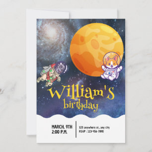 Boys Modern Galaxy Astronaut Dog Kids Birthday Invitation