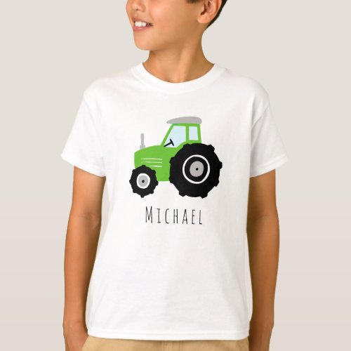 Boys Modern Green Farm Tractor and Name T_Shirt