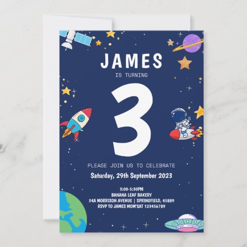 Boys Modern Space Navy Kids Birthday Invitation