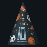 Boys Modern Sports Birthday Party Party Hat<br><div class="desc">This cute and modern sports-themed kids birthday hat party design features a blue sports cartoon design,  with a basketball,  football,  soccer ball,  tennis racket,  trophy,  and stars. The hat can be personalized with your boys name,  age,  and date of the party. The perfect sports-themed addition to your child's party.</div>