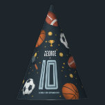 Boys Modern Sports Birthday Party Party Hat<br><div class="desc">This cute and modern sports-themed kids birthday hat party design features a blue sports cartoon design,  with a basketball,  football,  soccer ball,  tennis racket,  trophy,  and stars. The hat can be personalized with your boys name,  age,  and date of the party. The perfect sports-themed addition to your child's party.</div>