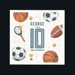 Boys Modern Sports Kids Birthday Napkins<br><div class="desc">This cute and modern sports-themed kids birthday napkin design features a sports illustration,  with a basketball,  football,  soccer ball,  tennis racket,  trophy,  and stars. The napkin can be personalized with your boys name,  age,  and date of the party. The perfect sports-themed addition to your child's party.</div>