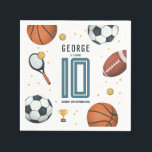 Boys Modern Sports Kids Birthday Napkins<br><div class="desc">This cute and modern sports-themed kids birthday napkin design features a sports illustration,  with a basketball,  football,  soccer ball,  tennis racket,  trophy,  and stars. The napkin can be personalized with your boys name,  age,  and date of the party. The perfect sports-themed addition to your child's party.</div>