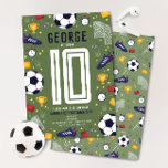 Boys Modern Sports Soccer Kids Birthday Invitation<br><div class="desc">This cute and modern soccer-themed kids’ birthday invitation features a vibrant green background with playful illustrations of a football (soccer ball), trophies, stars, goals, and soccer boots. The back includes a matching sporty pattern for a fun, coordinated look. Easily personalize the invite with your child’s name, age, and all the...</div>