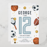 Boys Modern Sports Star Kids Foil Invitation<br><div class="desc">This cute and modern sports-themed kids gold foil birthday invitation design features a sports cartoon design, with a basketball, football, soccer ball, tennis racket, trophy, and golden stars. The invite can be personalized with your boys name and other details necessary for your party. The perfect sports-themed addition to your child's...</div>