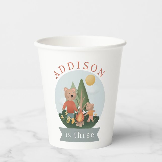 Boys Modern Woodland Forest Camping Bears Birthday Paper Cups (Front)