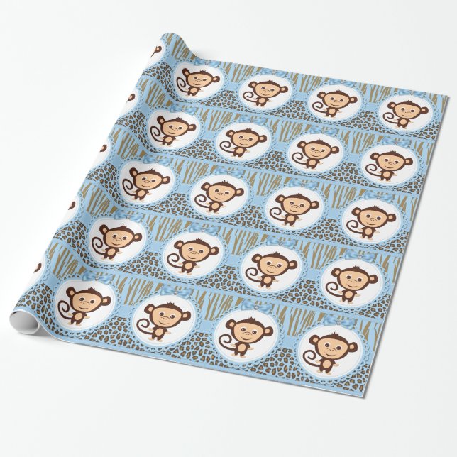 Boys Monkey Baby Shower Wrapping Paper (Unrolled)