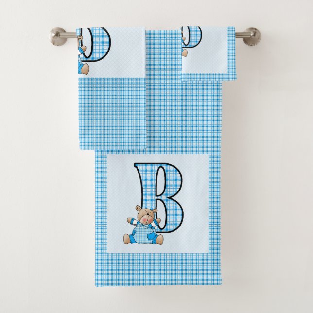 Boys Monogram for Letter B Blue Teddy Bear Bath Towel Set (Insitu)