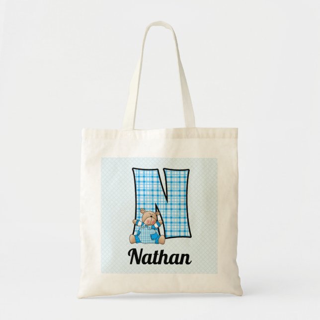 Boy's Monogram N with a Blue Teddy Bear Tote Bag (Front)