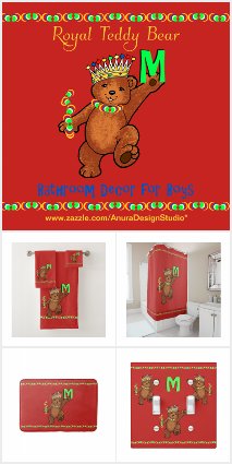 Boys Monogram Red Bathroom Decor Royal Teddy Bear