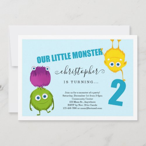 Boys Monster First 2nd Birthday Party Invitation