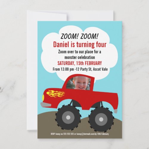 Boys Monster Truck Photo Birthday Invitation