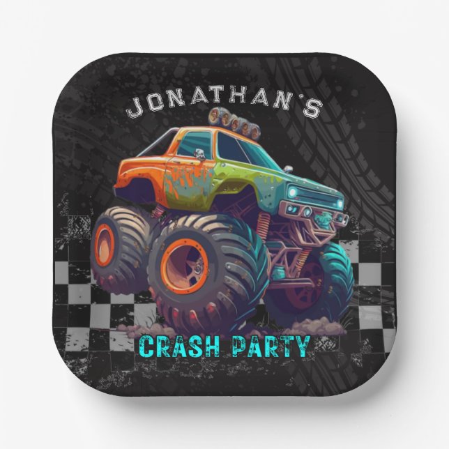 Boys Monster Truck Rally Birthday Party Paper Plates (Front)