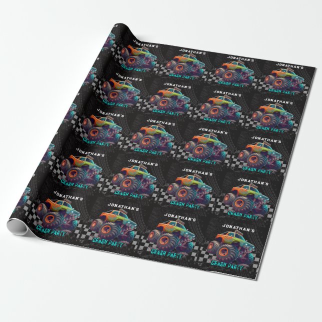 Boys Monster Truck Rally Birthday Party Wrapping Paper (Unrolled)