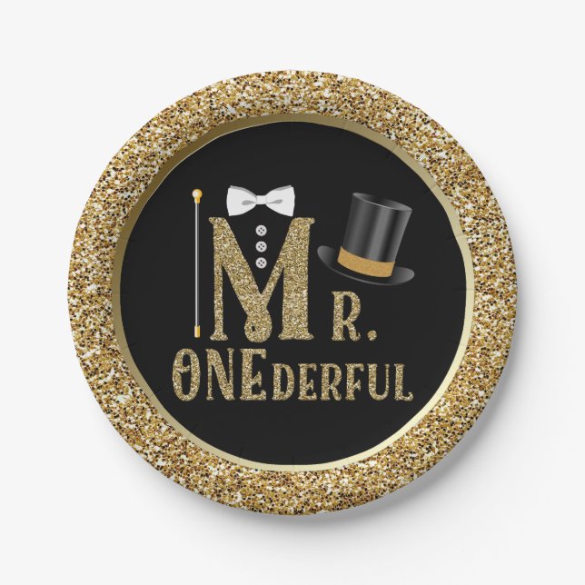Boys Mr ONEderful First Birthday Paper Plates (Front)