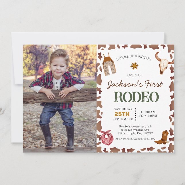 Boys My First Rodeo Cowboy 1st Birthday photo Invitation (Front)
