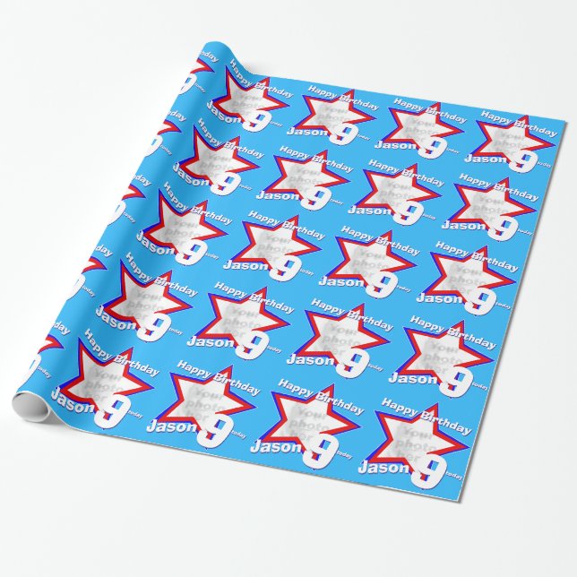 Boys name age add your photo star pattern wrapping paper (Unrolled)