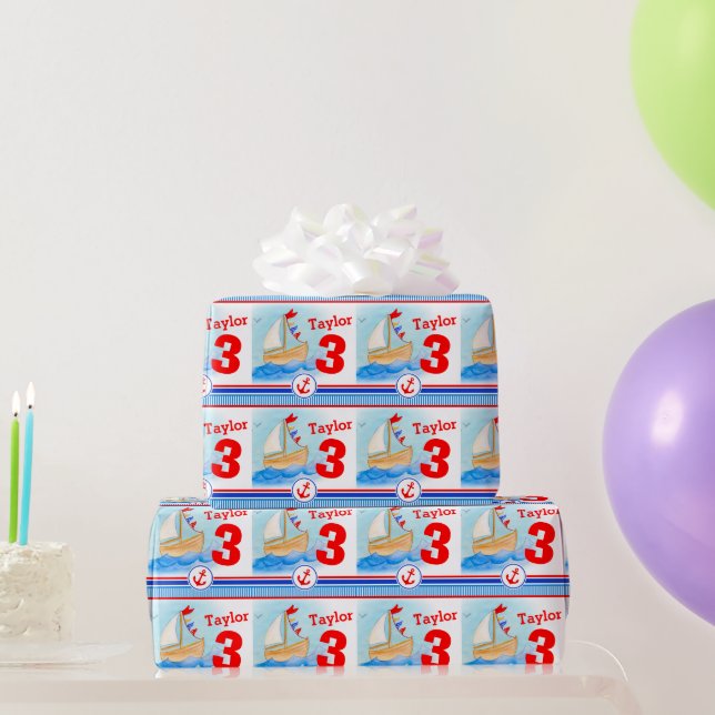 Boys name age painted sail boat birthday wrap wrapping paper (Party Gifts)