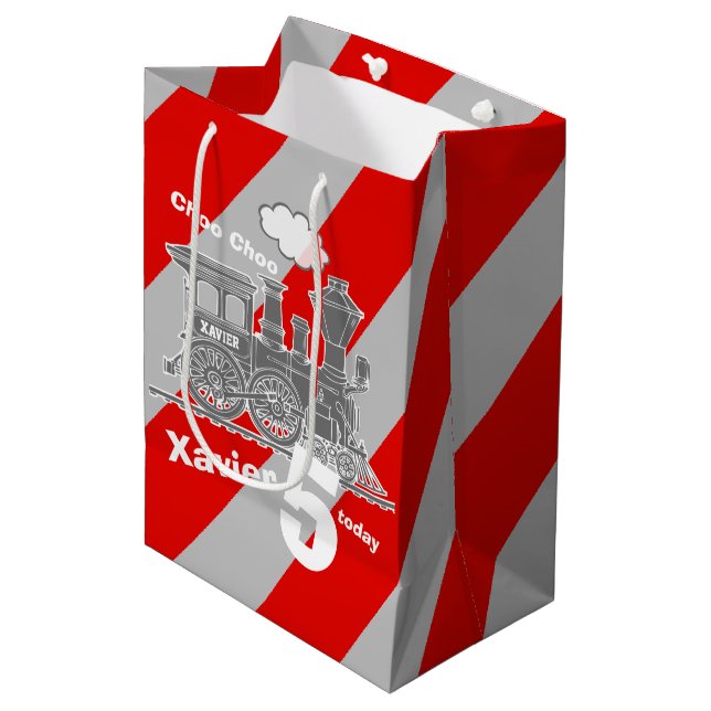 Boys name age train loco gray 5th birthday medium gift bag (Front Angled)