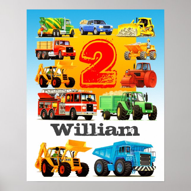 Boy's Name and Age 2nd Birthday Construction Truck Poster (Front)