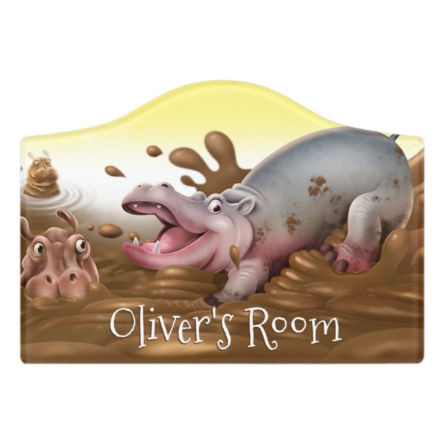 Boys Name Bedroom sign Hippos in mud. (Small Crest Front)