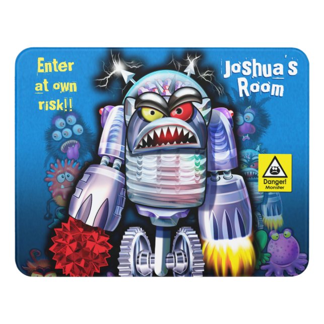 Boy's Name Bedroom sign Monster Robot (Contemporary Front)