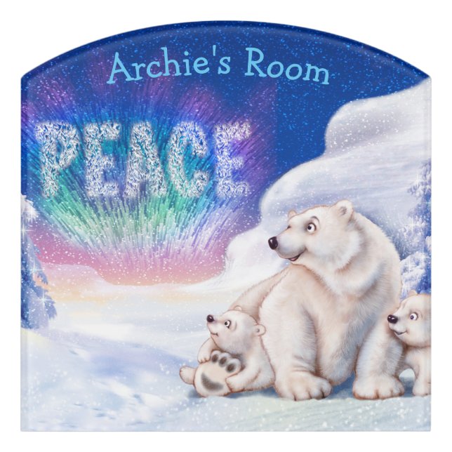 Boy's Name Bedroom sign Snow bears peace (Contour Front)