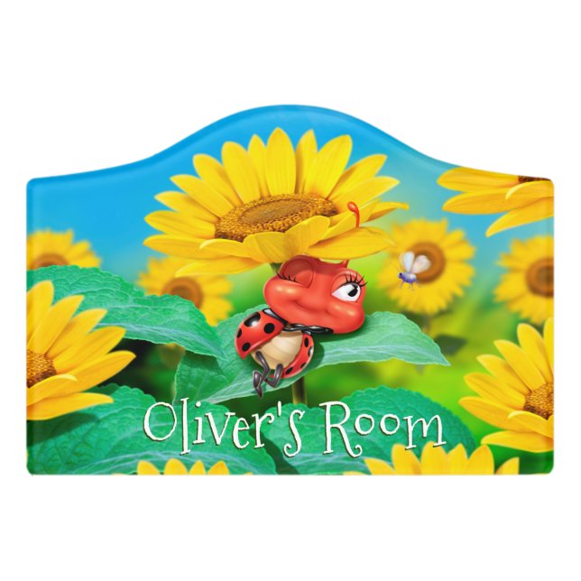 Boy's Name Bedroom sign Sunflowers Ladybird. (Small Crest Front)