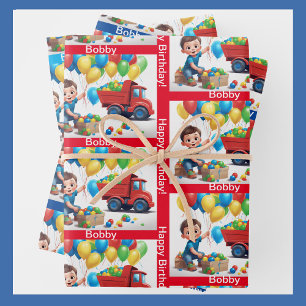 Boy's NAME Birthday Dump Truck Balloons Wrapping Paper Sheets