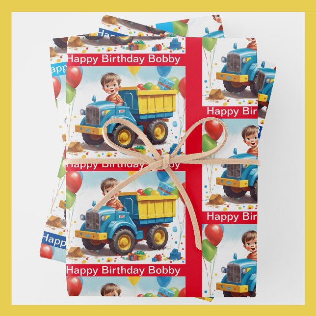 Boy's NAME Birthday Dump Truck Full of Gifts Wrapping Paper Sheets (Creator Uploaded)