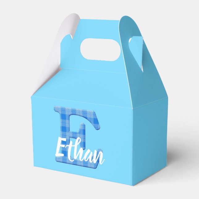 Boys Name Custom Plaid Letter E Custom Blue Favor Boxes (Front Side)