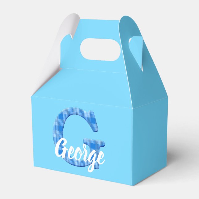 Boys Name Custom Plaid Letter G Custom Blue Favor Boxes (Front Side)