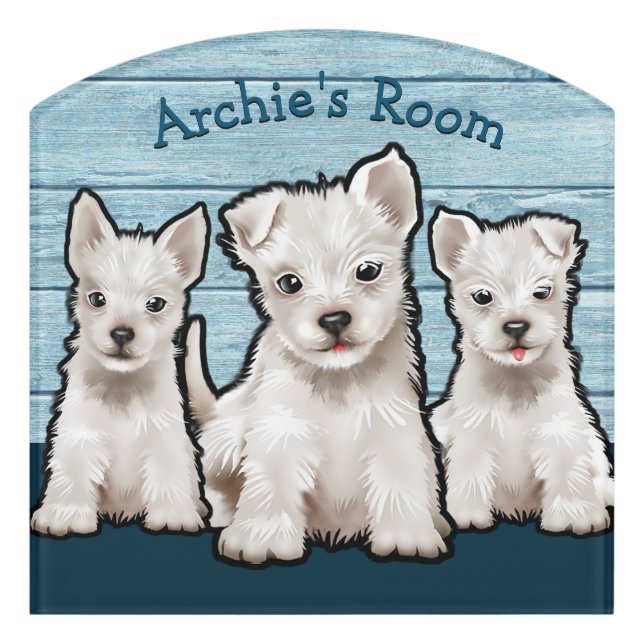 Boy's Name Driftwood Bedroom sign 3 Westie puppies (Contour Front)