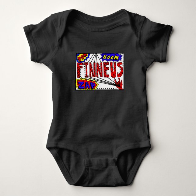 Boy's Name Finneus Spider Web Super Powers  Baby Bodysuit (Front)