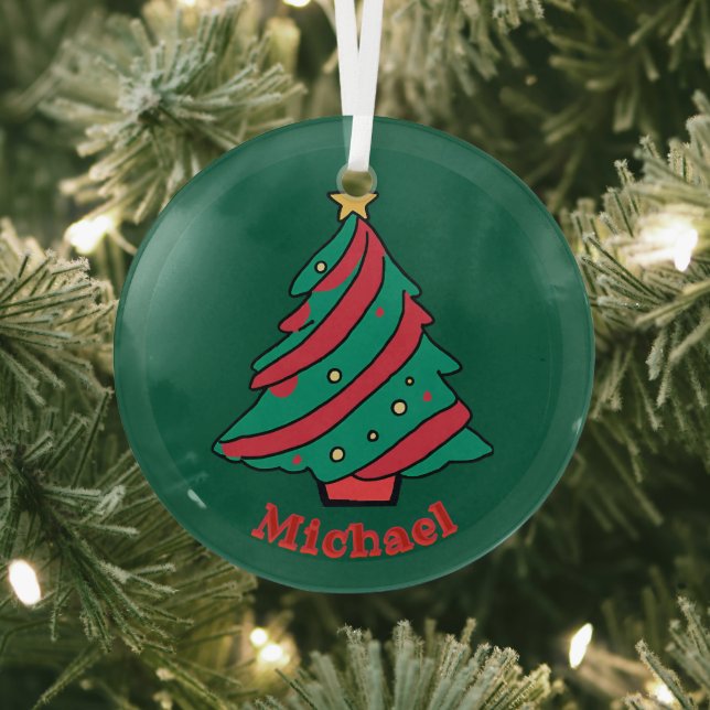 Boys Name | Green Christmas Tree Glass Ornament (Insitu)