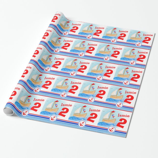 Boys name painted sail boat 2nd birthday wrap wrapping paper (Unrolled)