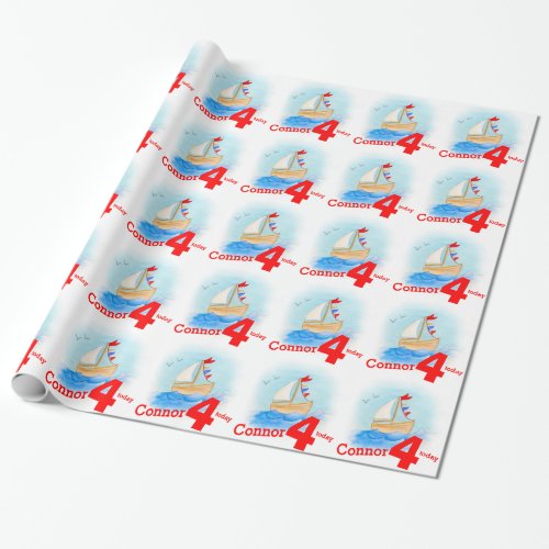 Boys name painted sail boat age 4 birthday wrap wrapping paper